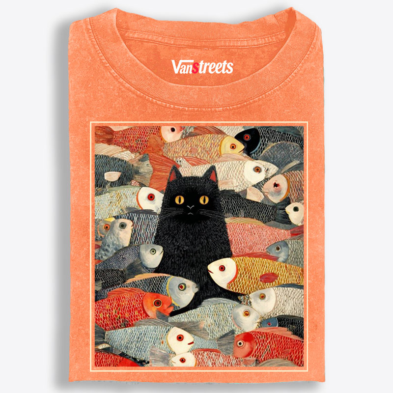 Black Cat Among Fish Art Retro Washed T-Shirt | 100% Cotton | Streetwear Essential