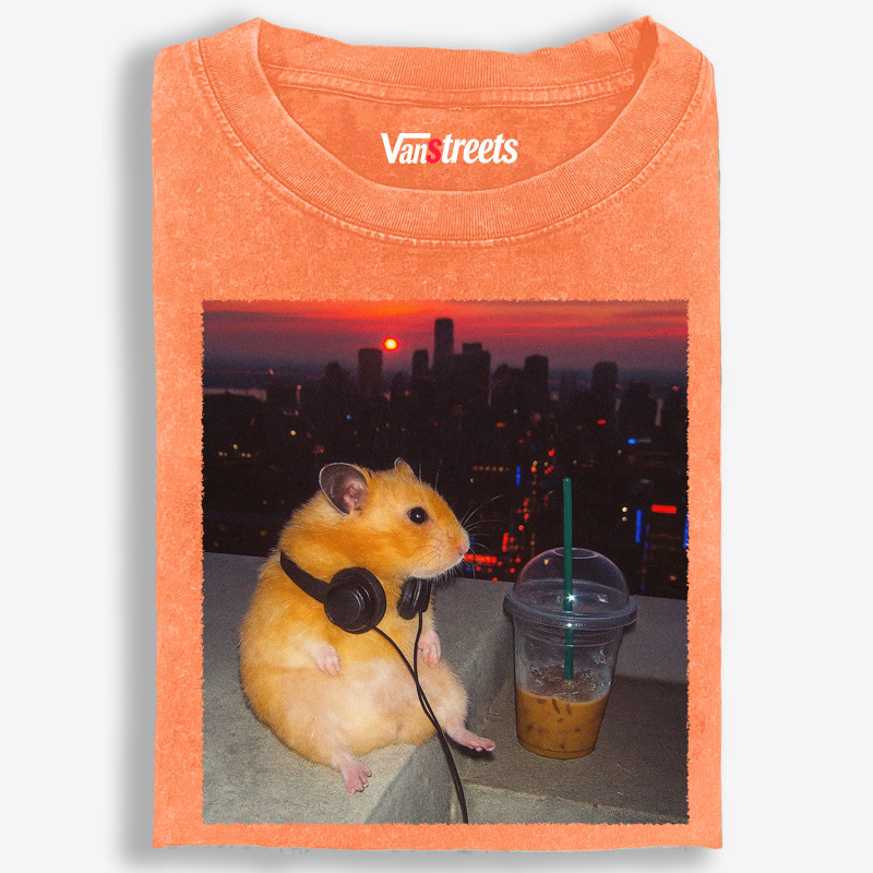 City Sunset Hamster Graphic Washed T-Shirt | 100% Cotton | Streetwear Essential