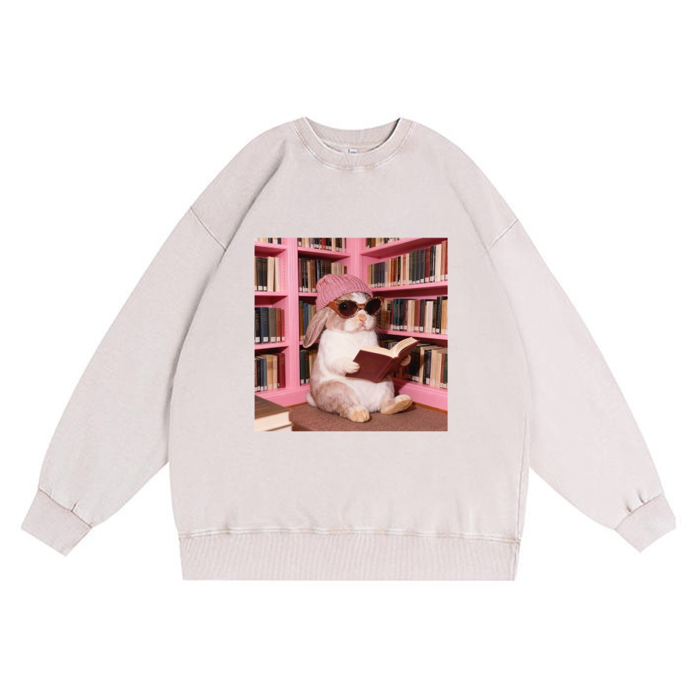 Bunny Bookish Rabbit Retro Washed Cotton Crewneck Sweatshirt