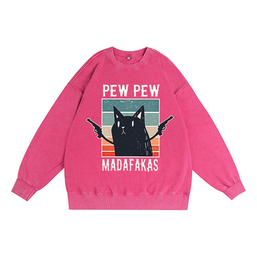 "Pew Pew Madafakas" Black Cat Retro Premium Washed Cotton Crewneck Sweatshirt