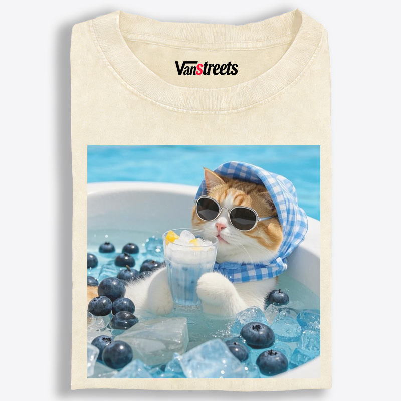 Blueberry Ice Cat's Vibe Washed T-Shirt | 100% Cotton | Streetwear Essential