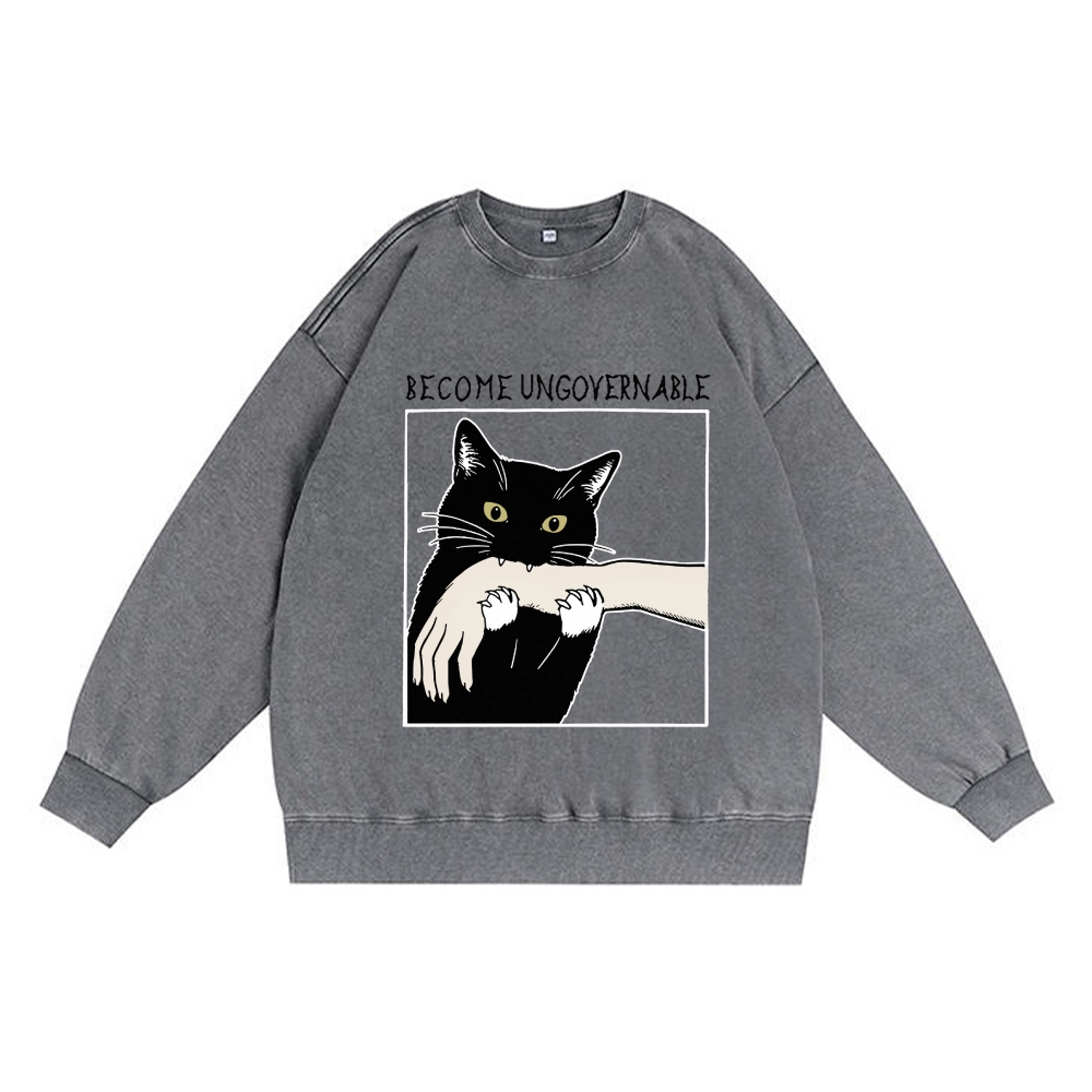 Become Ungovernable Cat Retro Premium Washed Cotton Crewneck Sweatshirt