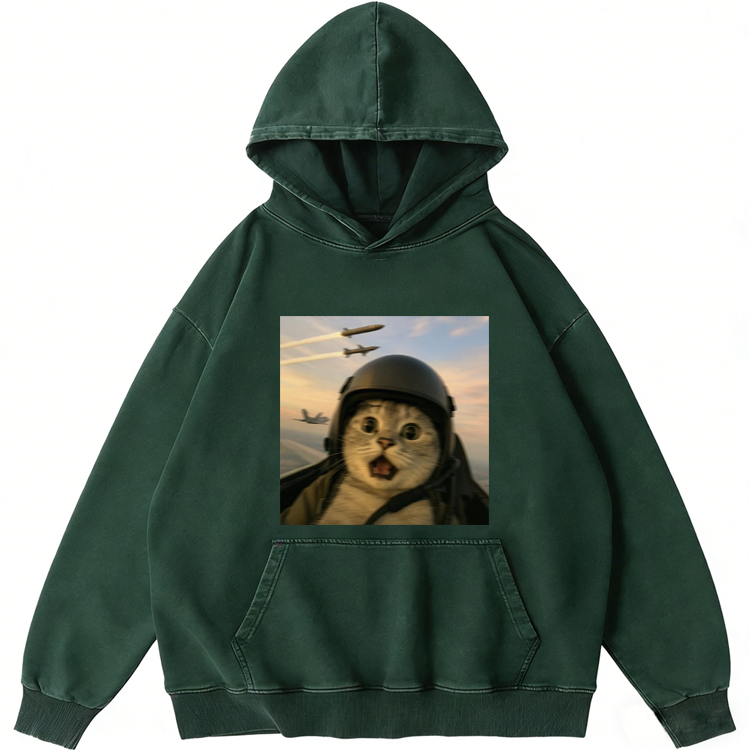 Fighter Jet Cat Pilot Meme Retro Washed Hoodie