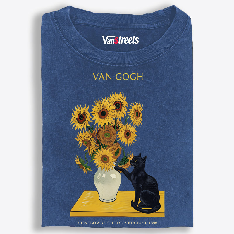 Curious Cat Touching Sunflowers Washed T-Shirt | 100% Cotton | Streetwear Essential