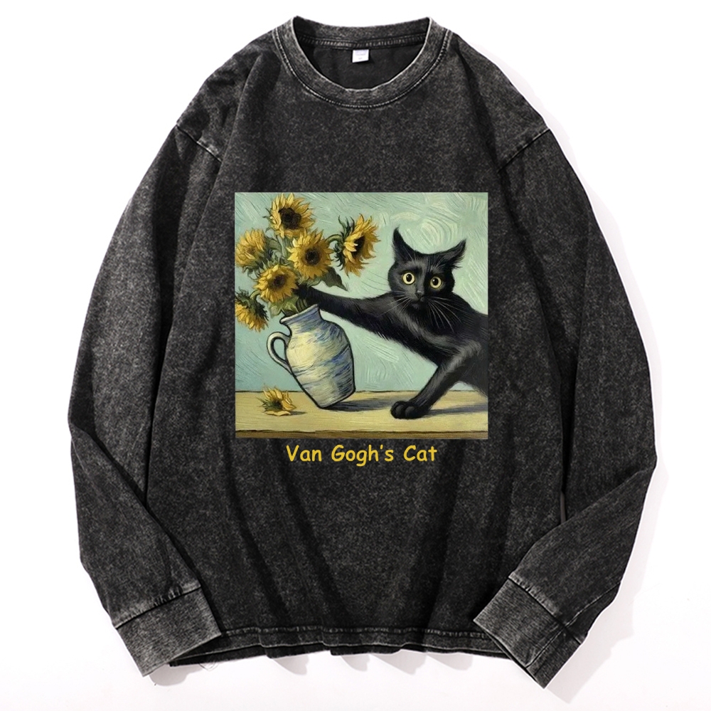 Van Gogh's Cat with Sunflowers Retro Washed Long Sleeve T-Shirt