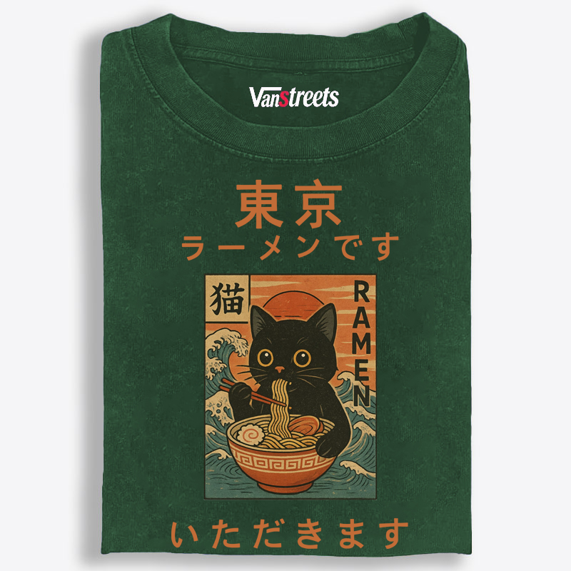 Tokyo Ramen Cat Retro Washed T-Shirt | 100% Cotton | Streetwear Essential