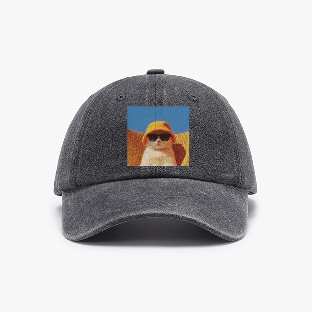 Cool Cat In Yellow Bucket Hat Streetwear Retro Washed Baseball Cap