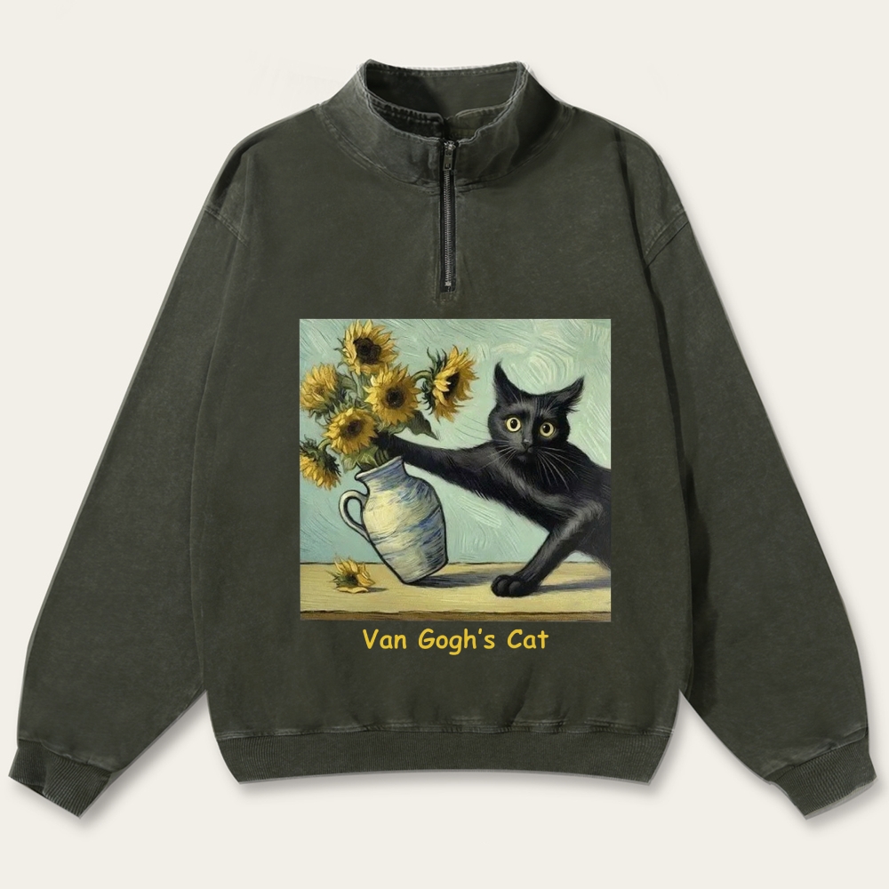 Van Gogh's Cat with Sunflowers Retro Washed Zip-Up Mock Neck Sweatshirt