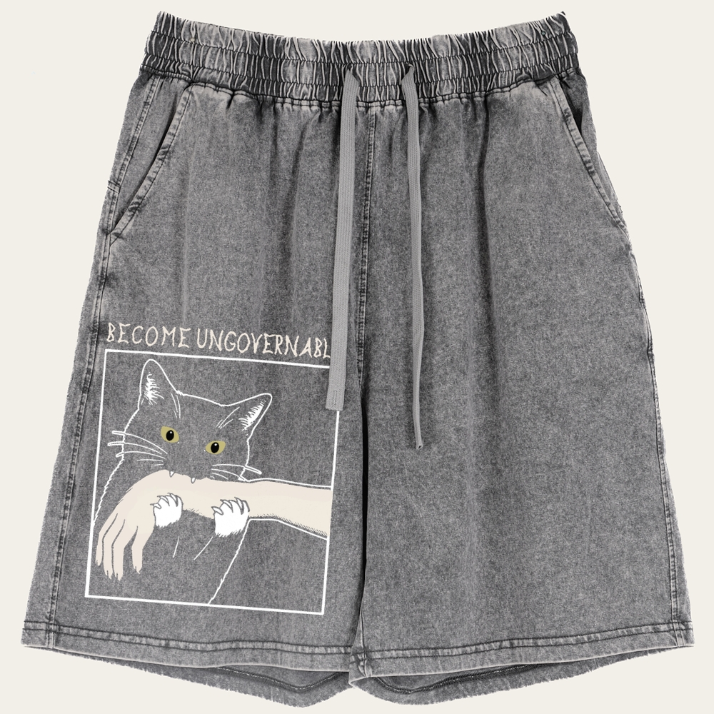Become Ungovernable Cat Retro Washed Shorts