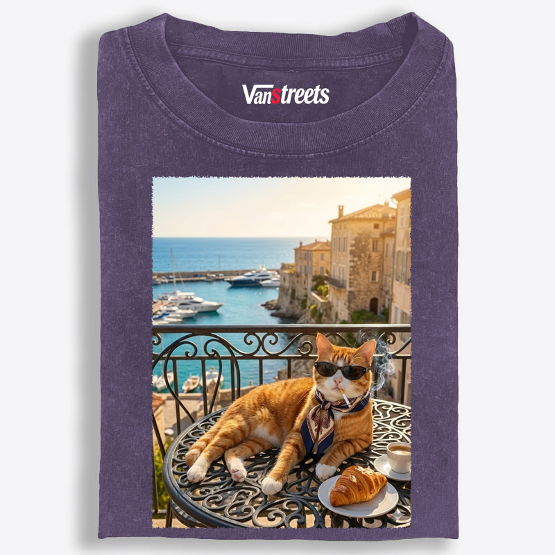 Stylish Orange Cat On A European Balcony Washed T-Shirt | 100% Cotton | Streetwear Essential