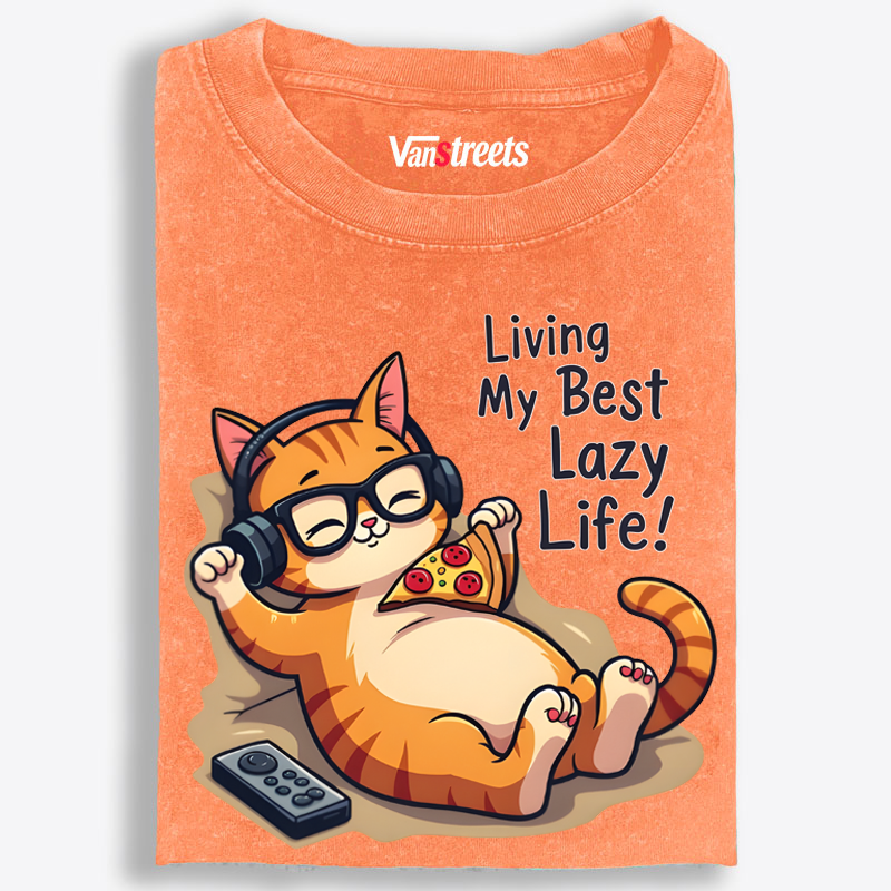 Living My Best Lazy Life Cat Washed T-Shirt | 100% Cotton | Streetwear Essential