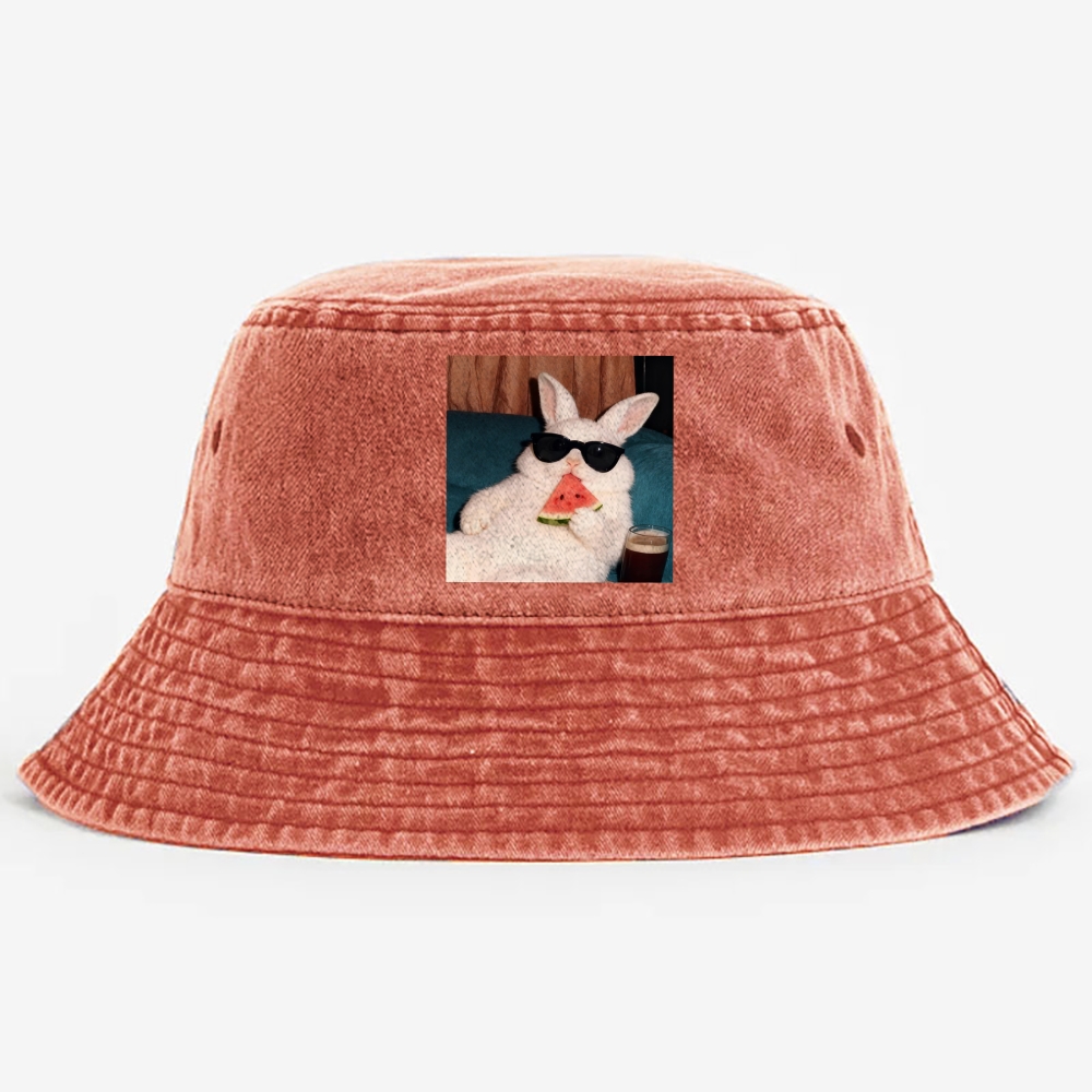 Rabbit Eating Watermelon Sunglasses Retro Vintage Washed Bucket Hat