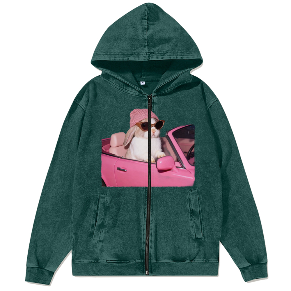 Pink Sports Car Cool Rabbit Retro Washed Zip-Up Hoodie