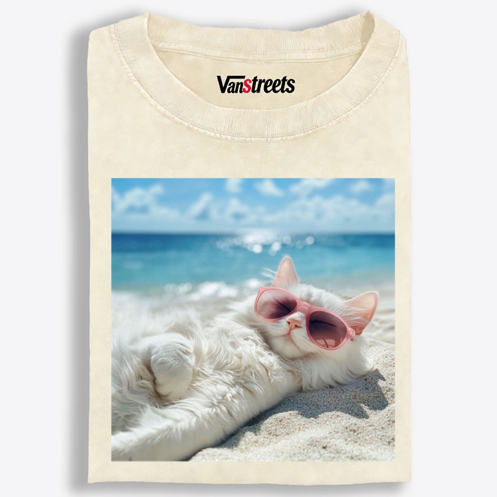 Lazy Beach Cat Sunbathing Washed T-Shirt | 100% Cotton | Streetwear Essential