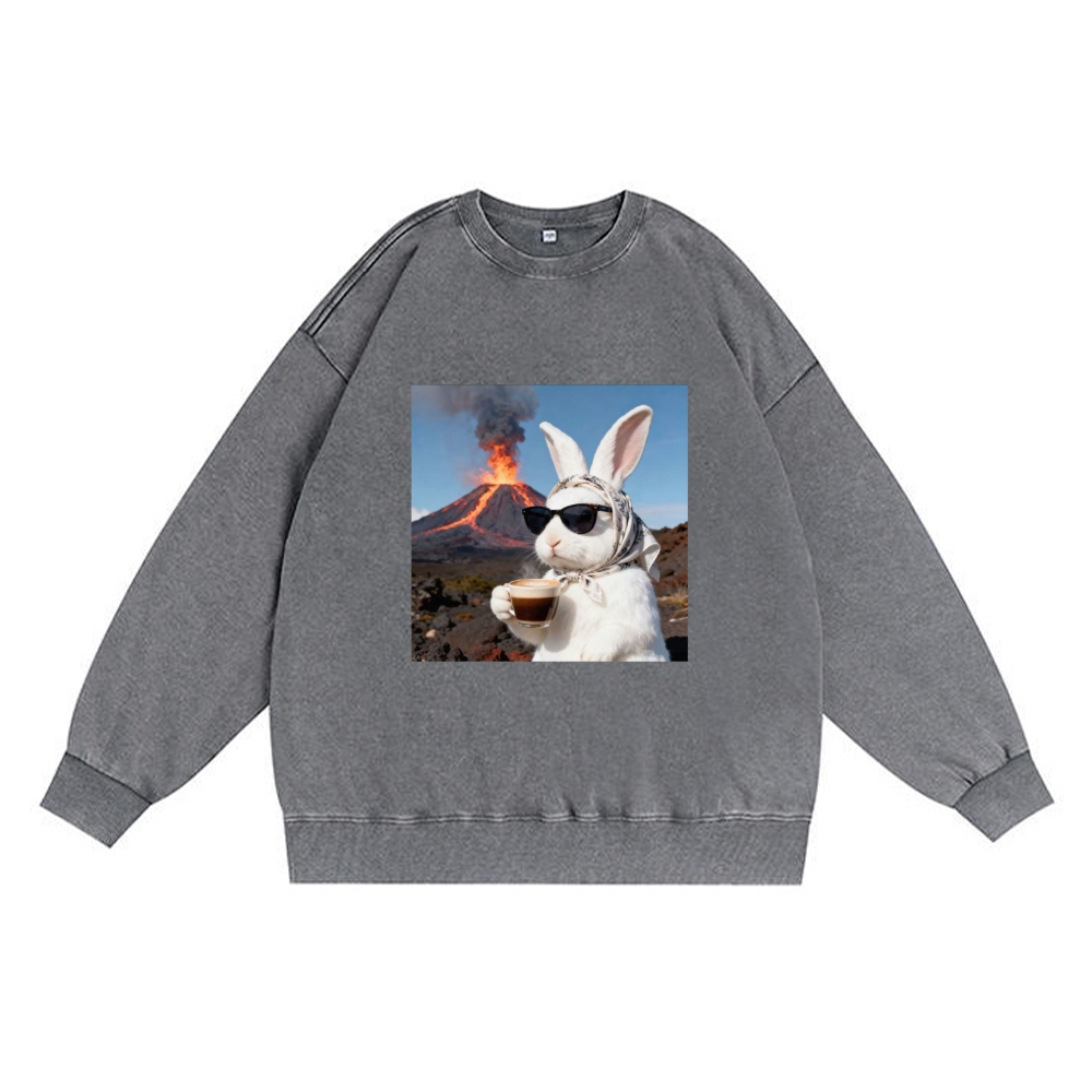 Volcano Coffee Bunny Retro Premium Washed Cotton Crewneck Sweatshirt