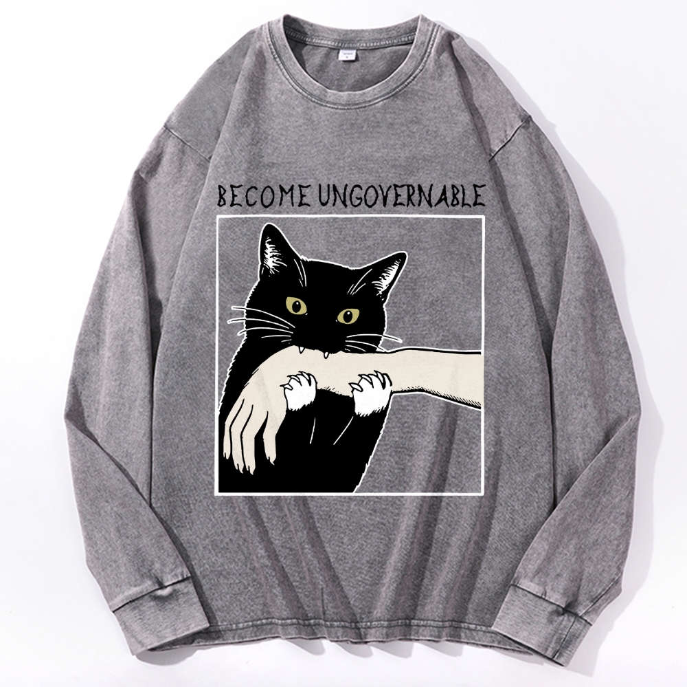 Become Ungovernable Cat Retro Washed Long Sleeve T-Shirt