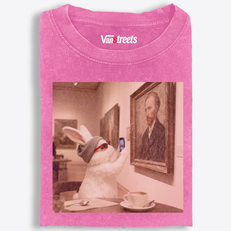 Art Bunny Taking Selfie With Van Gogh Meme Retro Washed T-Shirt | 100% Cotton | Streetwear Essential
