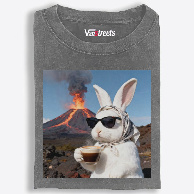 Volcano Coffee Bunny Retro Washed T-Shirt | 100% Cotton | Streetwear Essential