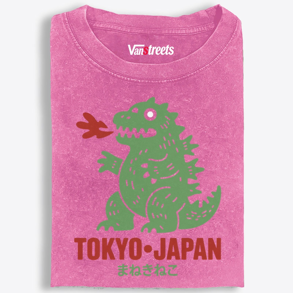 Maneki Neko Godzilla Tokyo Retro Washed T-Shirt | 100% Cotton | Streetwear Essential