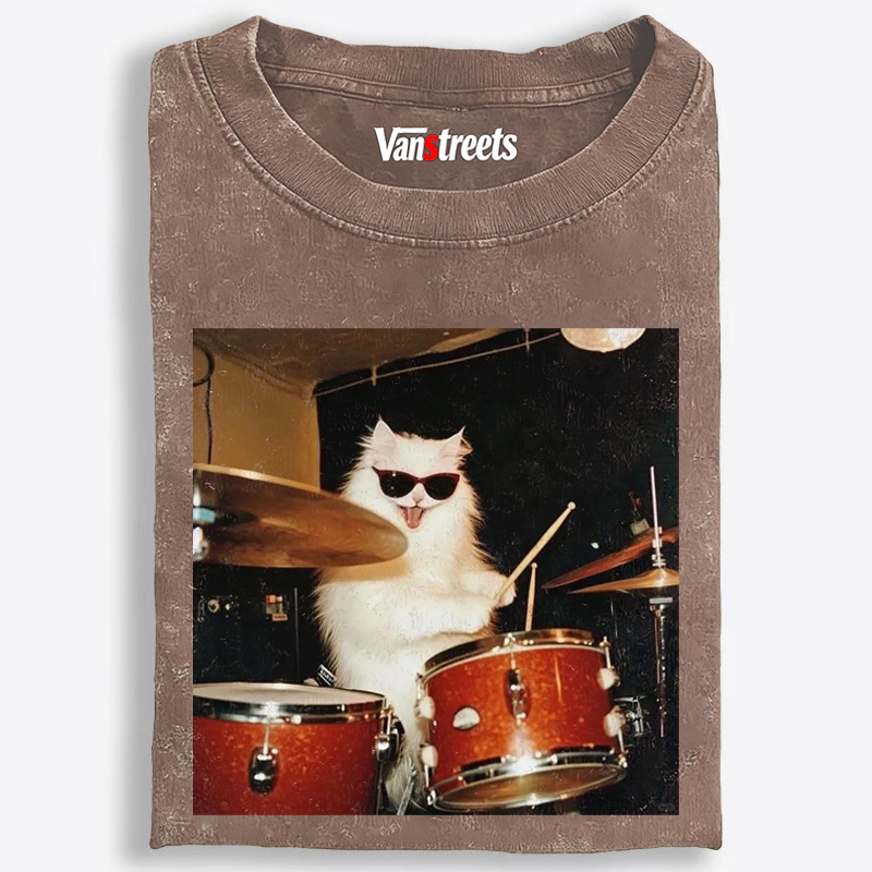 Rock And Roll Cat Drummer Meme Retro Washed T-Shirt | 100% Cotton | Streetwear Essential