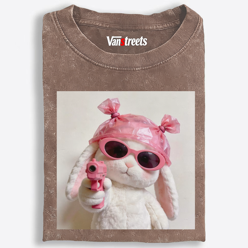 Pink Gun Gangsta Bunny Meme Retro Washed T-Shirt | 100% Cotton | Streetwear Essential