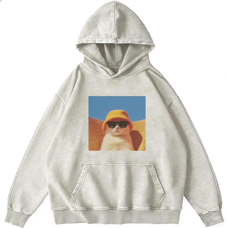 Cool Cat In Yellow Bucket Hat Streetwear Retro Washed Hoodie