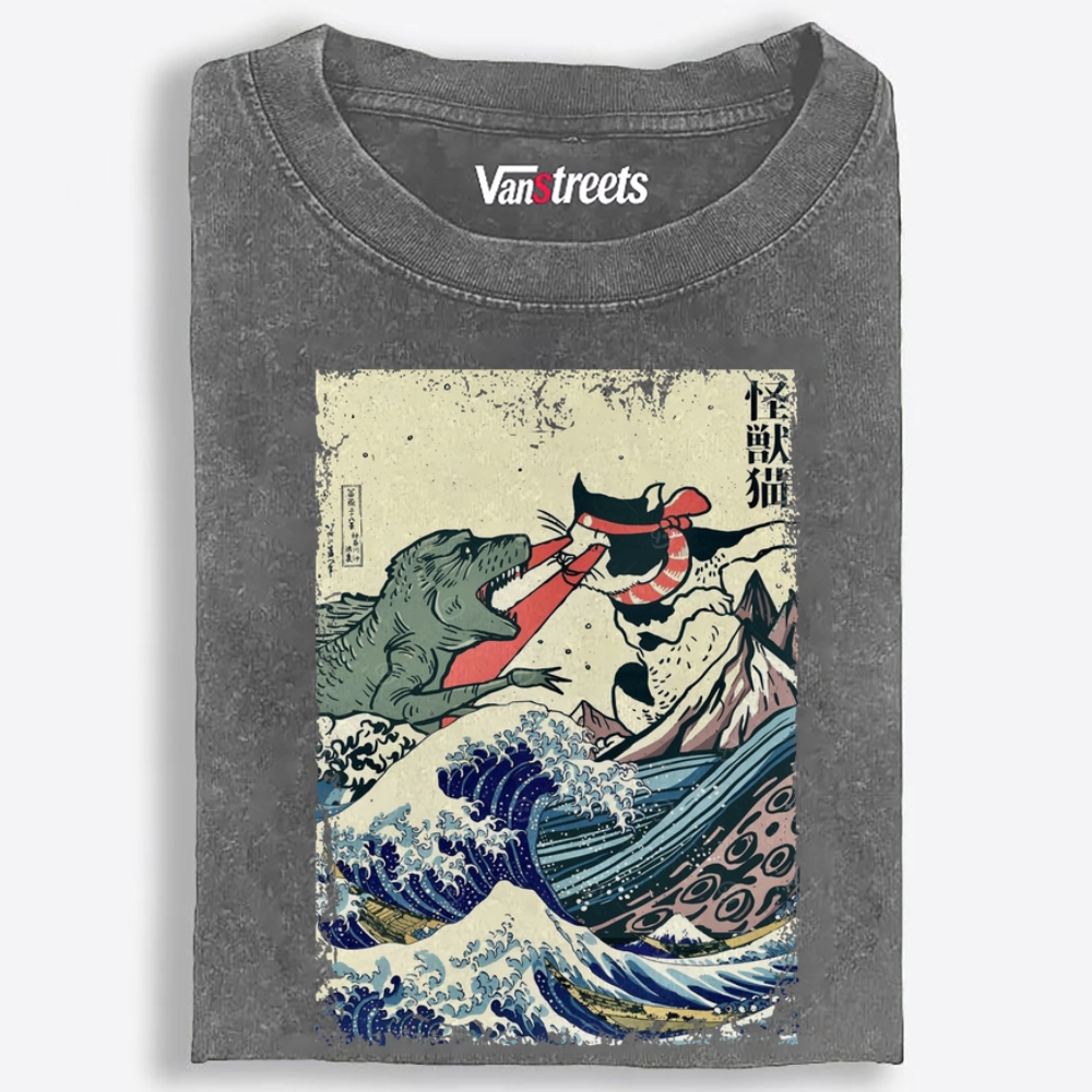 Kaiju Cat vs Godzilla The Great Wave Off Kanagawa Retro Washed T-Shirt | 100% Cotton | Streetwear Essential