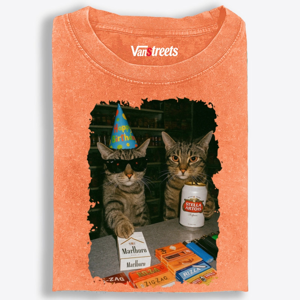 Birthday Party Cats Marlboro Beer Vintage Washed T-Shirt | 100% Cotton | Streetwear Essential