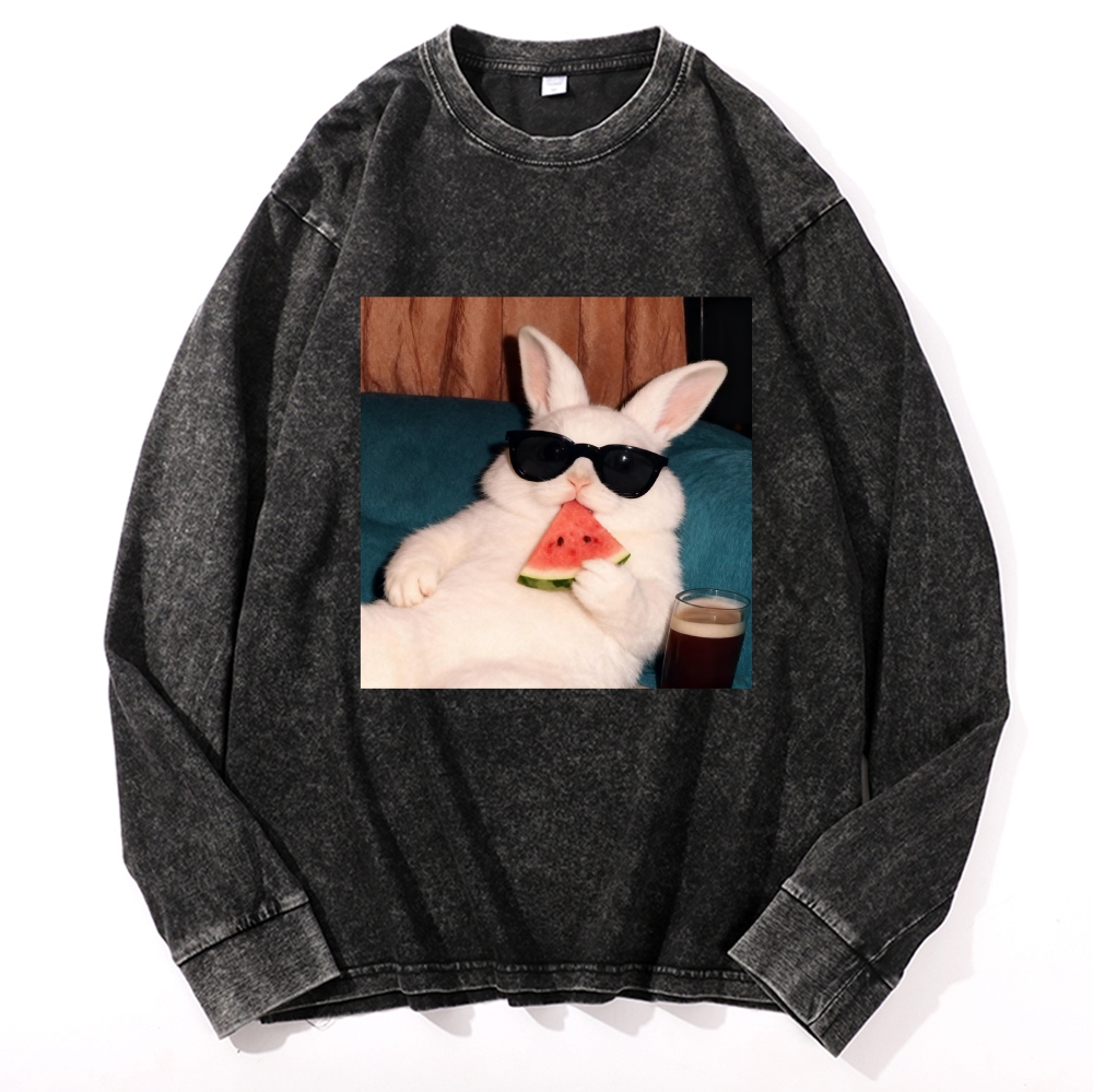 Rabbit Eating Watermelon Sunglasses Retro Washed Long Sleeve T-Shirt