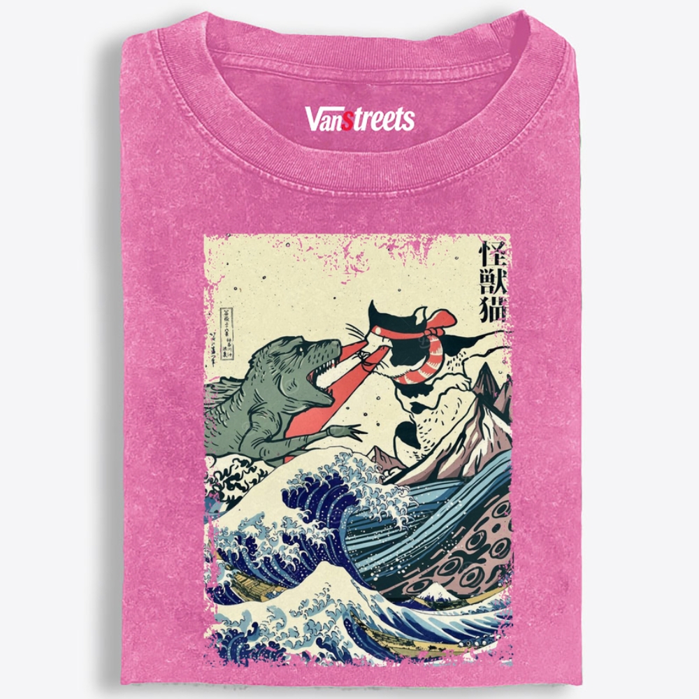 Kaiju Cat vs Godzilla The Great Wave Off Kanagawa Retro Washed T-Shirt | 100% Cotton | Streetwear Essential