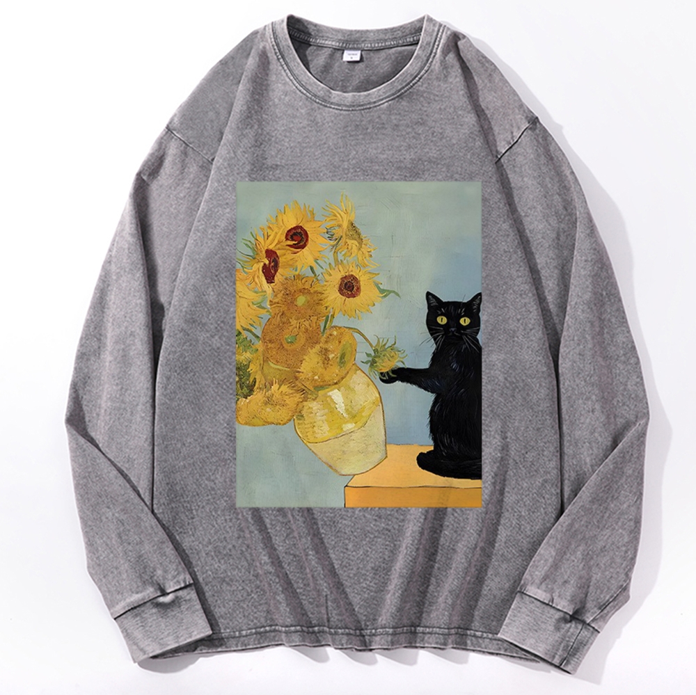 Van Gogh Sunflowers Black Cat Retro Washed Long Sleeve T-Shirt