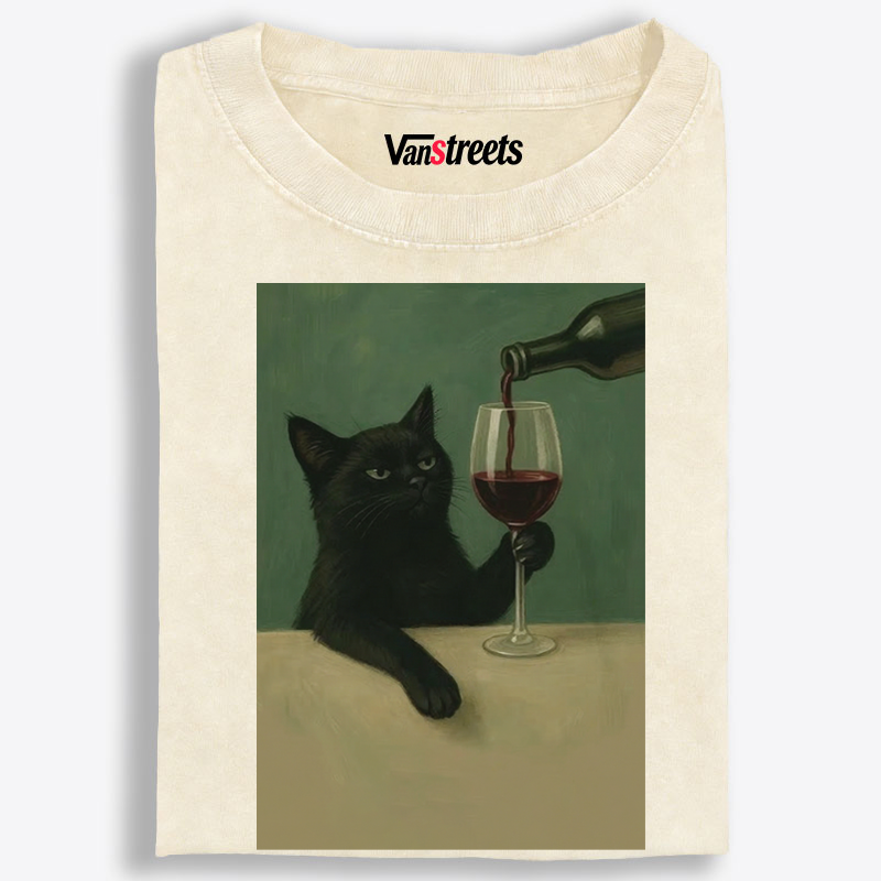 Black Cat with Wine Retro Washed T-Shirt | 100% Cotton | Streetwear Essential