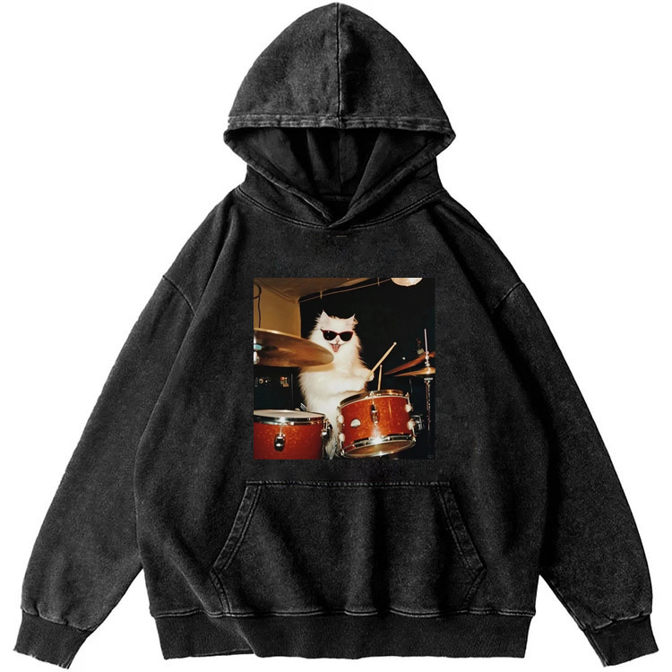 Rock And Roll Cat Drummer Meme Retro Washed Hoodide