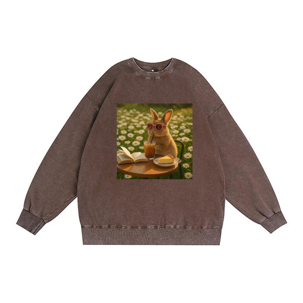 Daisy Afternoon Tea Bunny Meme Retro Premium Washed Cotton Crewneck Sweatshirt