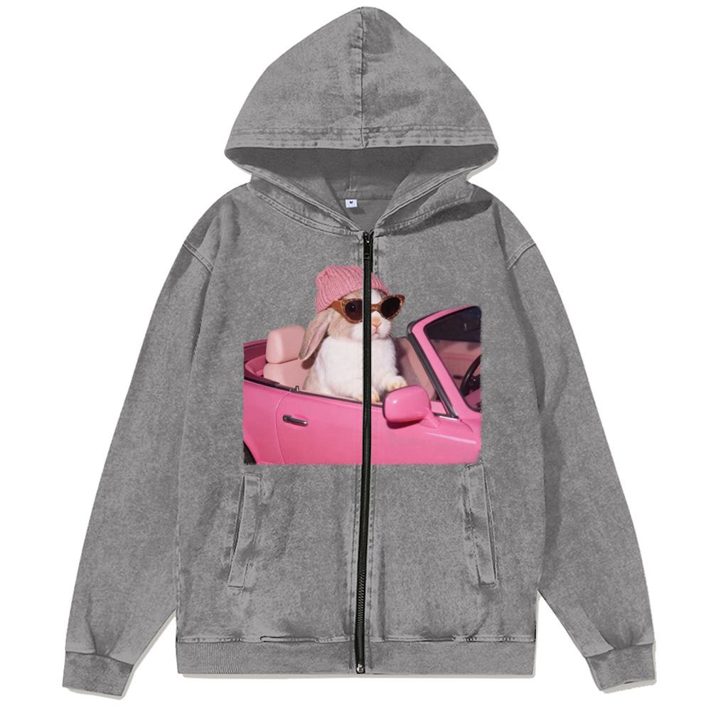 Pink Sports Car Cool Rabbit Retro Washed Zip-Up Hoodie