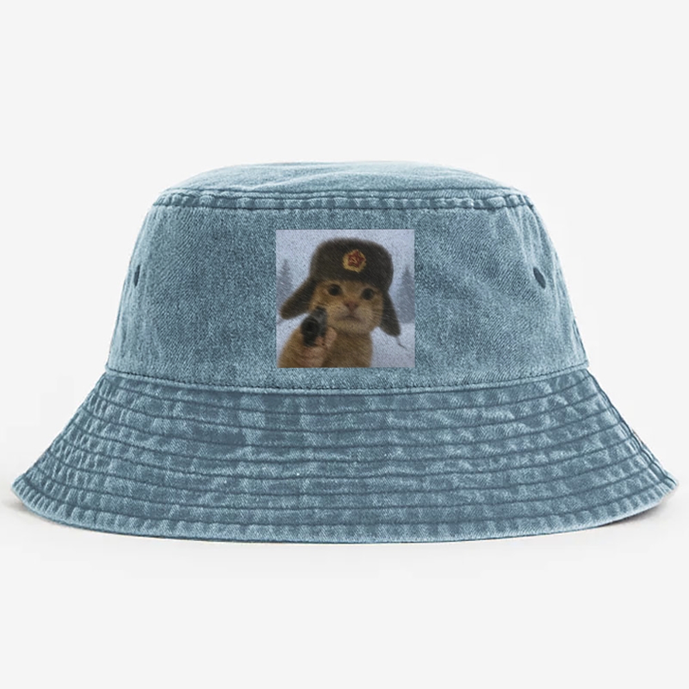Soviet Ushanka Cat Retro Vintage Washed Bucket Hat