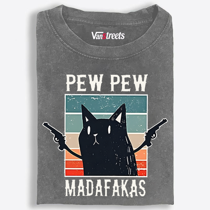 "Pew Pew Madafakas" Black Cat Retro Washed T-Shirt | 100% Cotton | Streetwear Essential