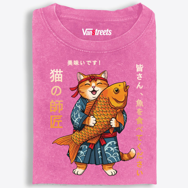 Cat Master Koi Fish Retro Washed T-Shirt | 100% Cotton | Streetwear Essential