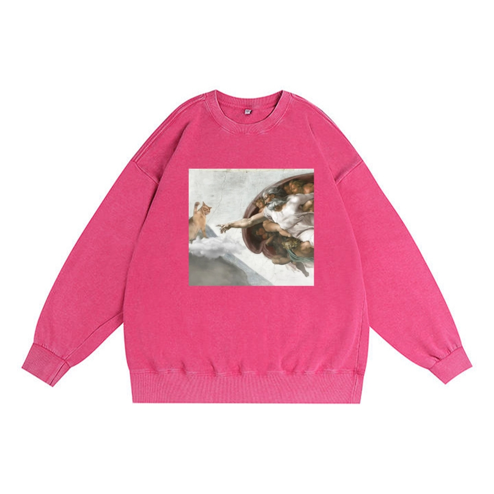 Cat Parody of "The Creation of Adam" Art Retro Premium Washed Cotton Crewneck Sweatshirt