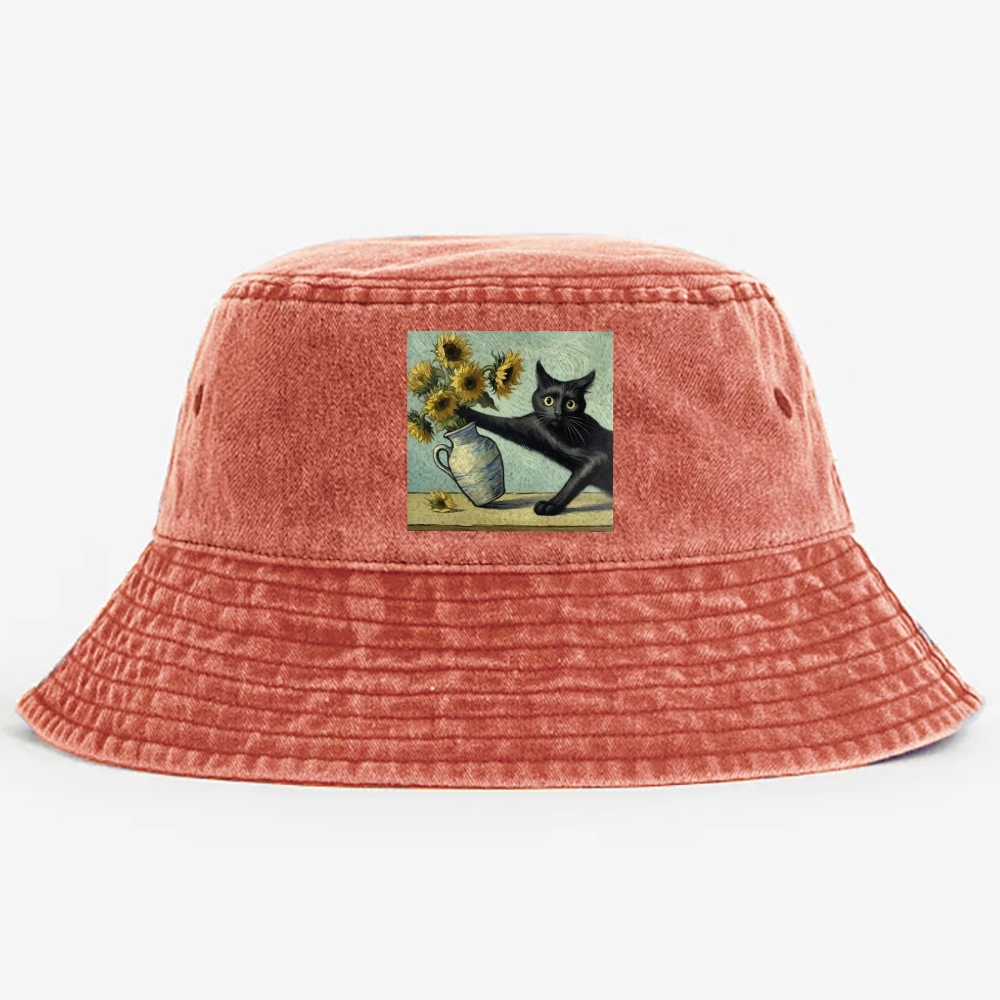 Van Gogh's Cat with Sunflowers Retro Vintage Washed Bucket Hat