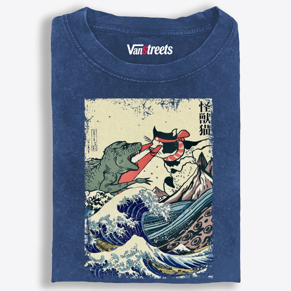 Kaiju Cat vs Godzilla The Great Wave Off Kanagawa Retro Washed T-Shirt | 100% Cotton | Streetwear Essential