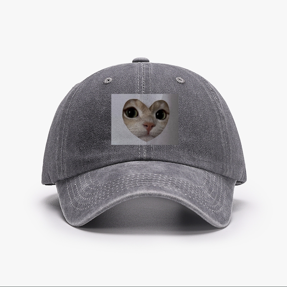 Heart Cutout Cat Face Retro Washed Baseball Cap
