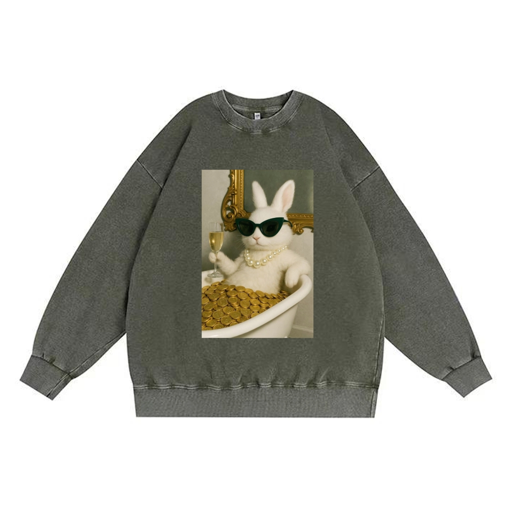 Bathtub Gold Coins Bunny Retro Premium Washed Cotton Crewneck Sweatshirt