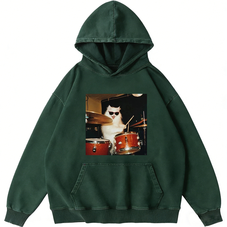 Rock And Roll Cat Drummer Meme Retro Washed Hoodide