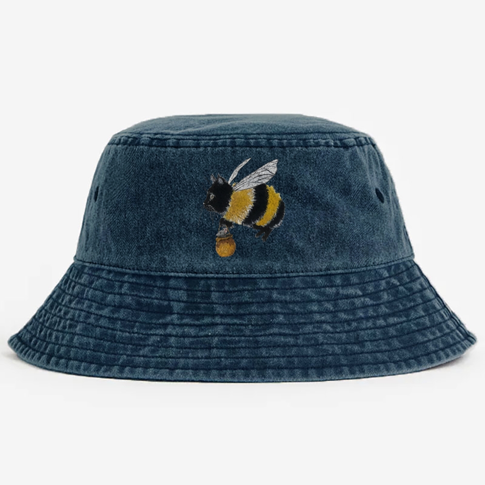 Bee Cat Catching Mouse Retro Vintage Washed Bucket Hat