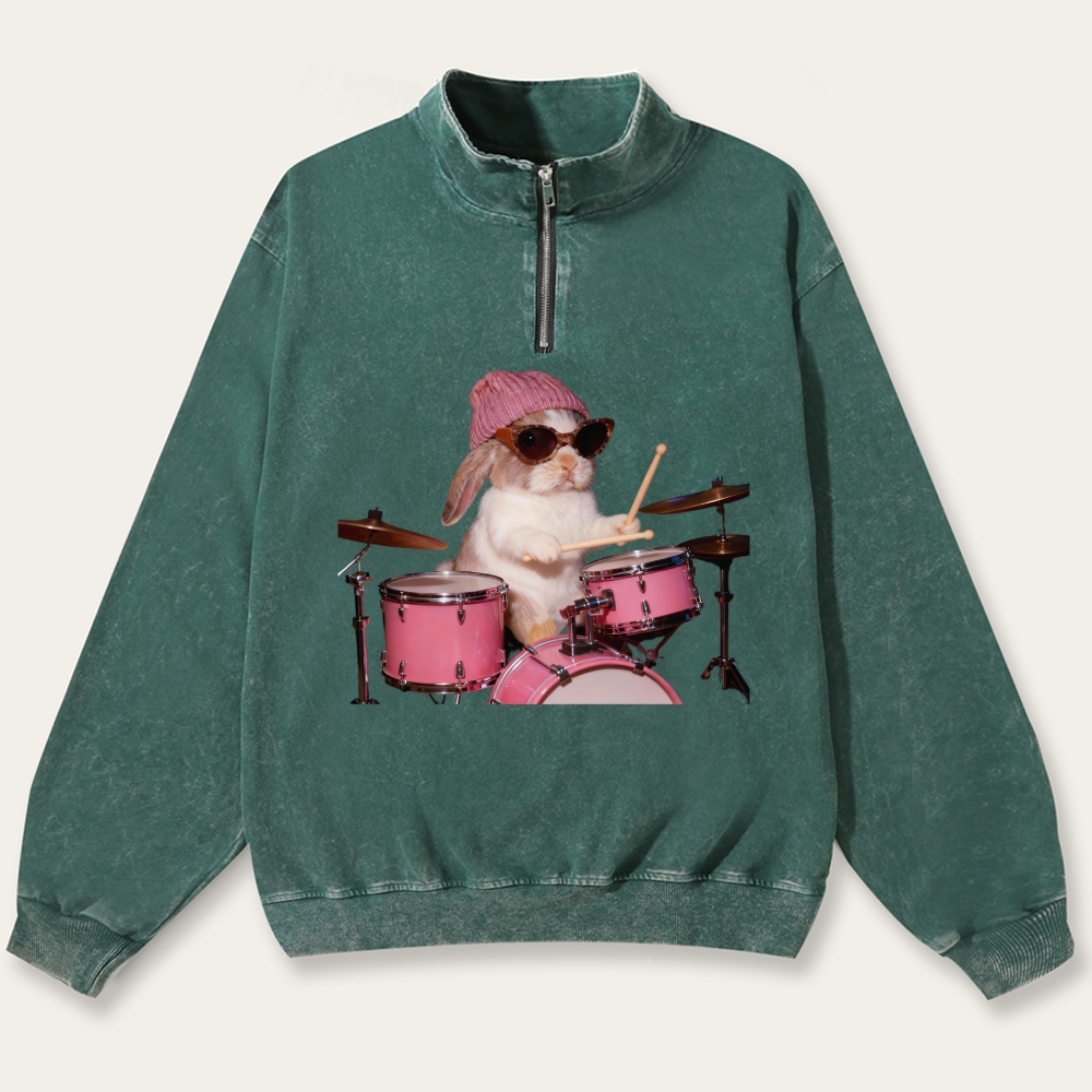 Bunny Rockin' Bunny Retro Washed Zip-Up Mock Neck Sweatshirt