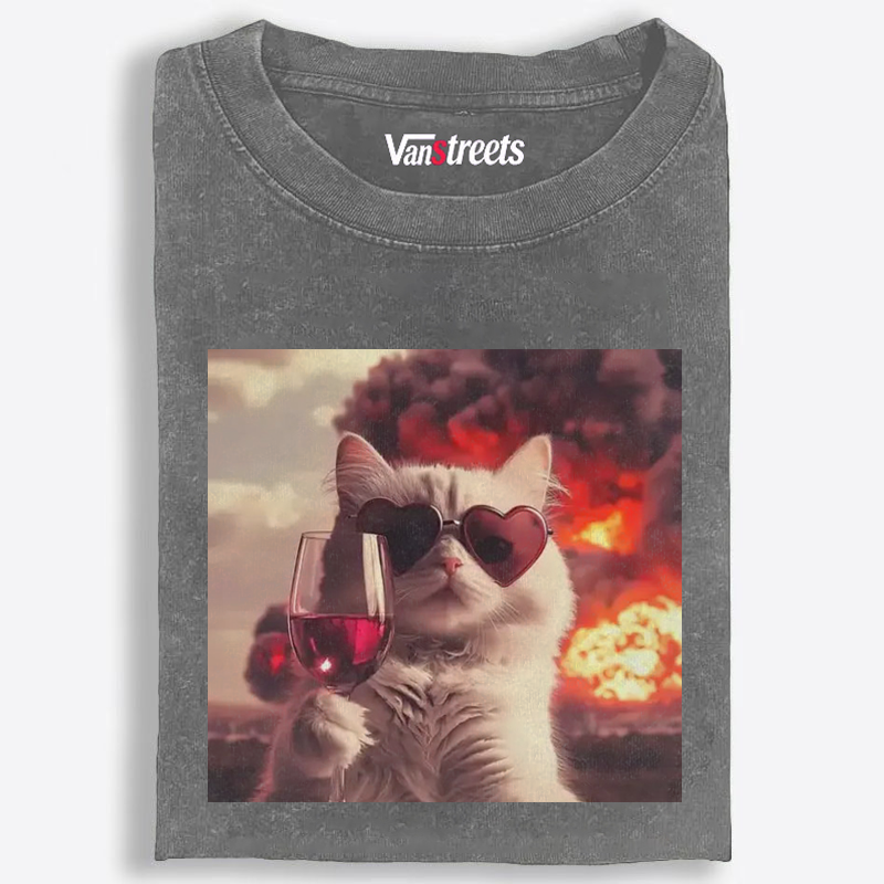 Cat with Wine & Explosion Meme Retro Washed T-Shirt | 100% Cotton | Streetwear Essential
