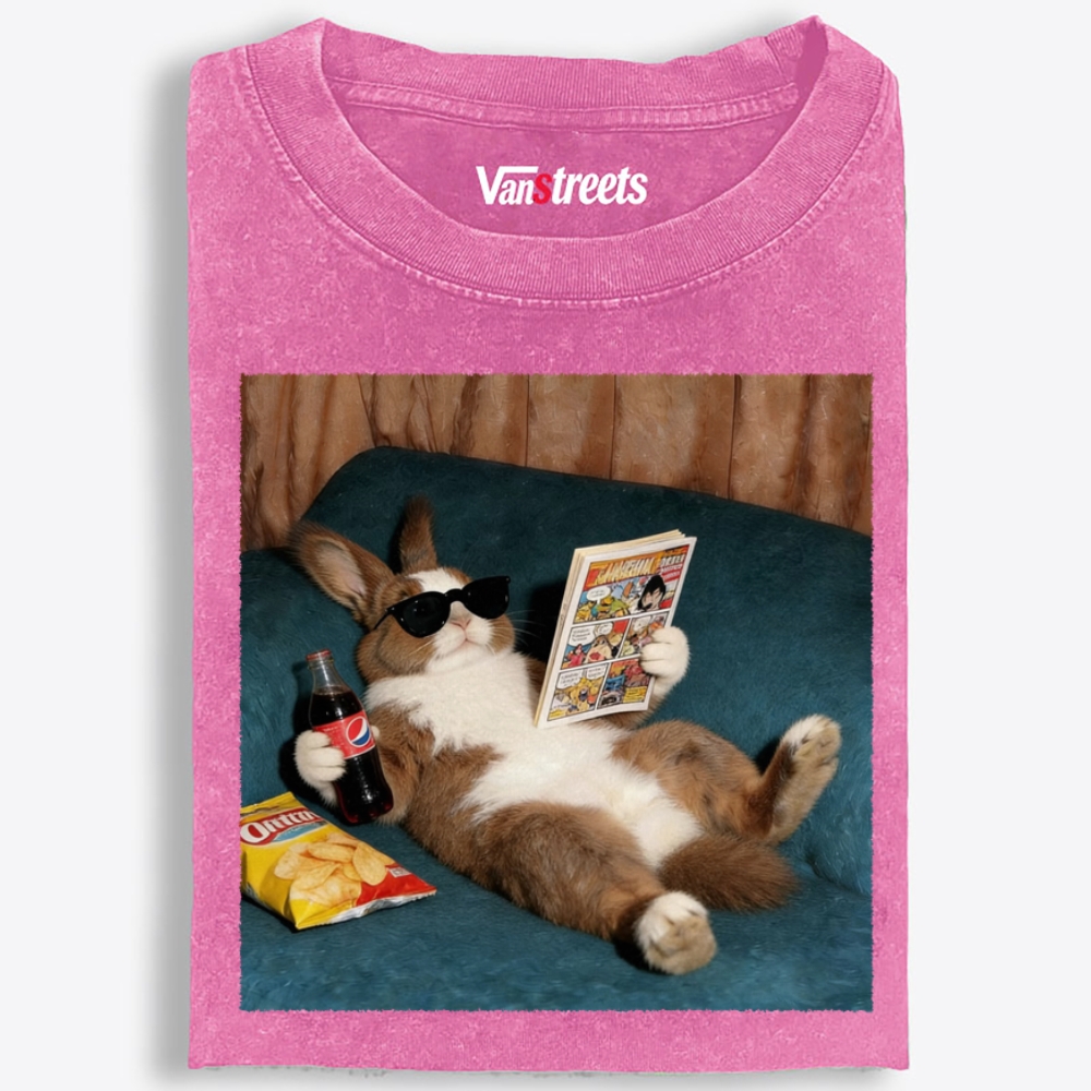 Laid-Back Bunny Comic & Snacks Washed T-Shirt | 100% Cotton | Streetwear Essential