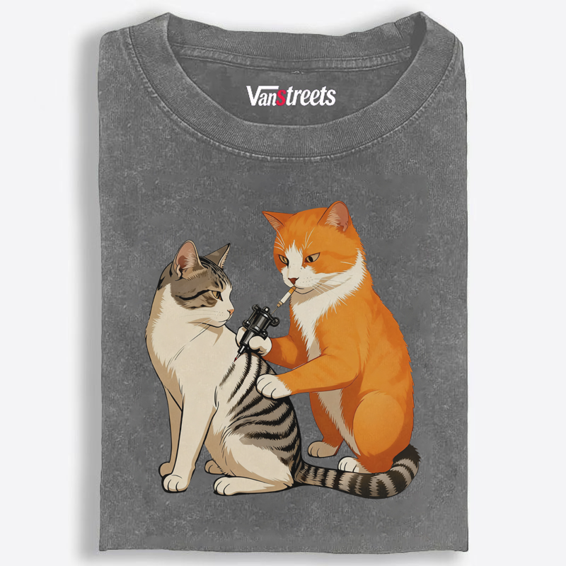 Tattoo Artist Orange Cat Retro Washed T-Shirt | 100% Cotton | Streetwear Essential