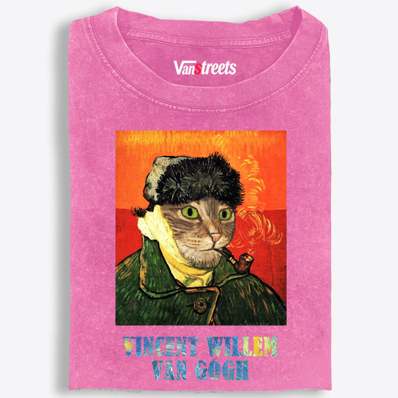 Vincent Willem Van Gogh Cat Self-Portrait Retro Washed T-Shirt | 100% Cotton | Streetwear Essential